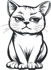 Black and white illustration of a cartoon cat sitting with a serious expression and whiskers