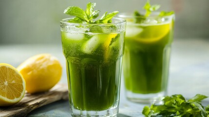 Two Glasses of Refreshing Green Mint and Lemon Drink