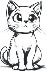 Black and white cartoon sketch of a cute kitten sitting and looking upwards with big eyes