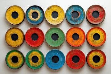 Colorful ceramic plates arranged in a vibrant pattern, showcasing circles in red, blue, yellow, and green hues.