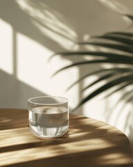 Obraz premium A serene glass of water on a wooden table, accented by soft shadows and green palm leaves in the background.