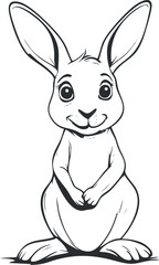 Black and white cartoon illustration of a cute rabbit with large ears sitting and smiling