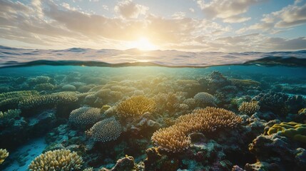 Fototapeta premium Ocean sunset coral reef underwater scene