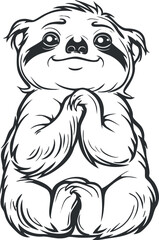 Cute cartoon illustration of a happy sitting sloth with hands together, black and white drawing.