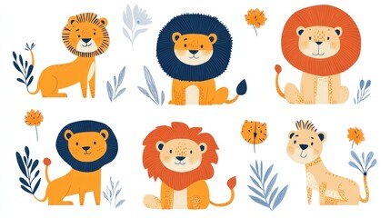 Fototapeta premium Cute lion cubs illustration, jungle background, kids design