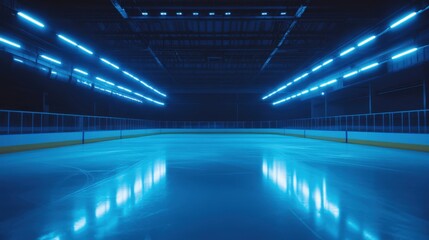 Illuminated ice rink with blue lights creating a serene atmosphere, ideal for ice skating and hockey.