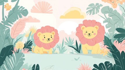 Obraz premium Two cute lion cubs in tropical jungle, sunrise background, children's book illustration