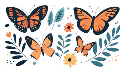 Butterflies flying around flowers and leaves.  Spring designs for backgrounds