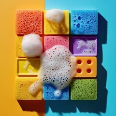 Colorful cleaning sponges with bubbles in a playful arrangement, perfect for a vibrant kitchen scene.