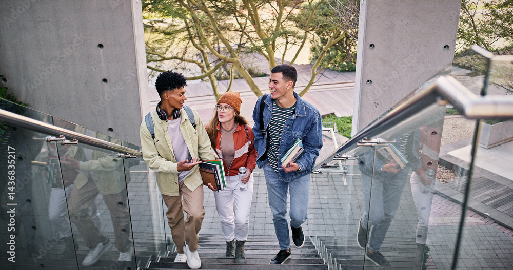 Aufkleber development, education and walking with friends on stairs at college or university campus for learni