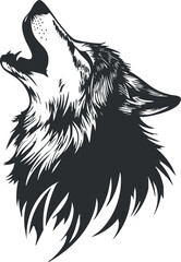 Black and white vector illustration of a howling wolf head with detailed fur and open mouth