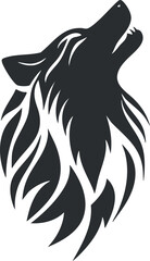 Black and white vector illustration of a howling wolf silhouette with stylized fur design