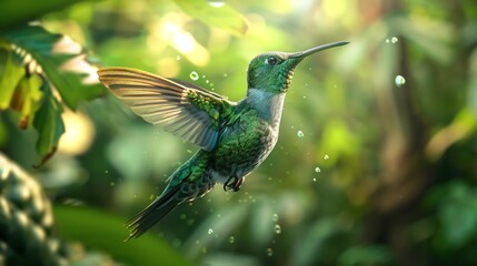 Obraz premium Tiny hummingbird hovering in mid air iridescent green feathers shimmering delicate wings beating rapidly lush rainforest background