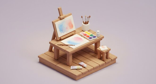 Miniature Wooden Artist Workstation with Watercolor Paints and Brushes
