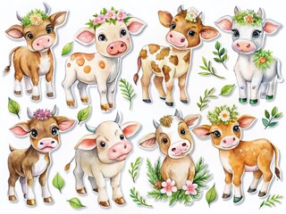 Fototapeta premium Adorable Watercolor Baby Cow Sticker Sheet for Kids' Crafts