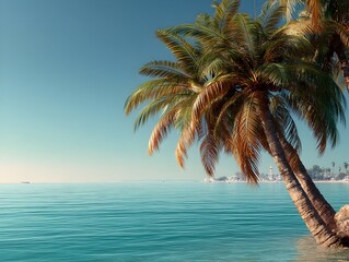 Fototapeta na wymiar Two majestic palm trees lean gracefully over a tranquil turquoise ocean under a bright summer sky creating a picturesque tropical paradise scene.