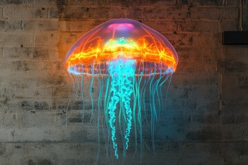 Glowing jellyfish art installation on a textured brick wall, vibrant orange and blue.