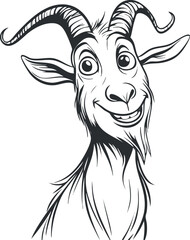 Black and white cartoon illustration of a smiling goat with curved horns and expressive eyes
