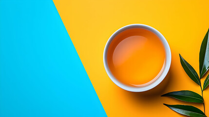 Overhead Shot of Ceramic Teacup on Vibrant Yellow and Blue Background