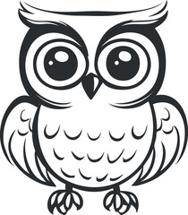 Black and white cartoon illustration of a cute owl with big eyes and detailed feathers