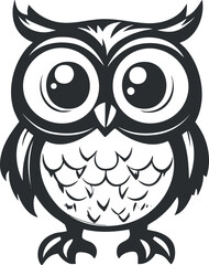 Black and white cartoon owl illustration with big eyes and detailed feathers on white background