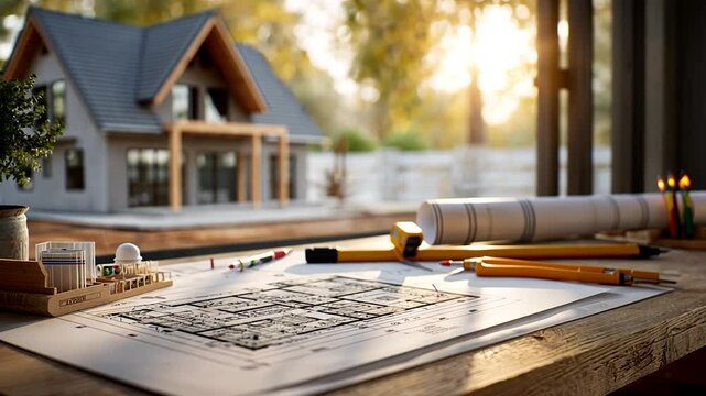 Home construction plans, blueprint, model house, outdoor. Bokeh background