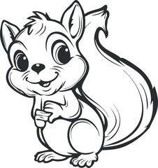 Black and white cartoon illustration of a cute smiling squirrel with bushy tail standing upright.