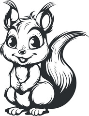 Black and white cartoon illustration of a cute smiling squirrel with big eyes and fluffy tail