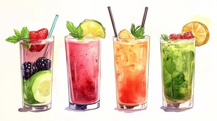 Watercolor Illustration of Four Colorful Summer Cocktails