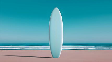 Blank White Surfboard on Sandy Beach Under Blue Sky