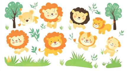 Fototapeta premium Cute lion cubs playing in savanna, nursery decor