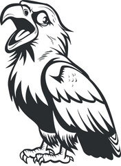 Black and white cartoon illustration of an aggressive eagle bird with open beak and sharp claws