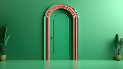 Green Door with Pink Arch in Minimalist Interior