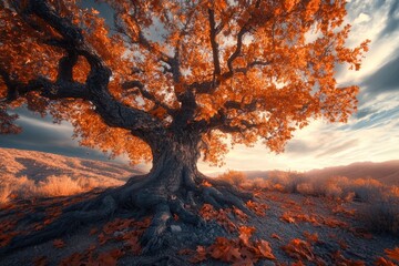 Majestic ancient tree with vibrant orange autumn leaves stands on a hilltop at sunset.