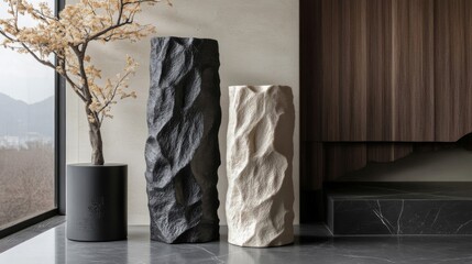 Textured Black and Beige Vases on Modern Interior