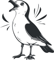 Black and white illustration of a seagull bird standing with open beak and spread wings in profile view