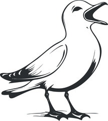 Black and white illustration of a seagull bird standing with open beak on white background