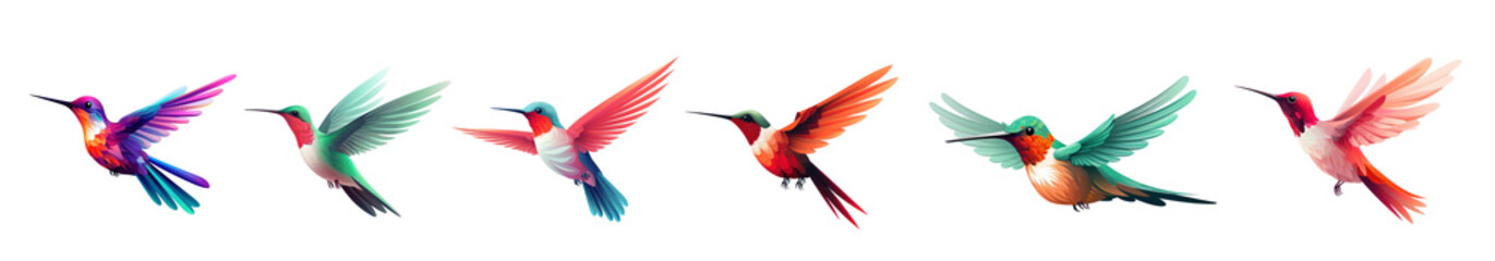Fototapeta premium PNG Colorful hummingbirds in flight, element set on transparent background