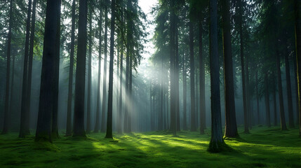 Fototapeta premium Misty Forest Morning Sunlight Path