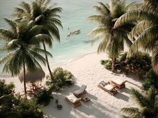Fototapeta premium Serene tropical beach scene with palm trees, lounge chairs, and a tranquil ocean view perfect for a relaxing vacation getaway.