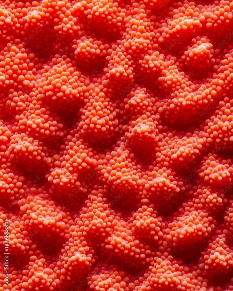 Poster close-up of red textured surface with interlocking protrusions