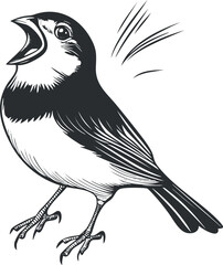Black and white illustration of a small bird singing with open beak and detailed feathers