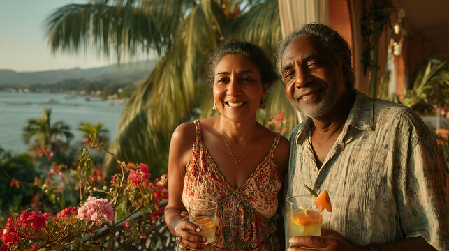 Happy Couple Enjoying Tropical Drinks at Sunset | Beach Vacation, Smiling Faces & Scenic Paradise - Powered by Adobe