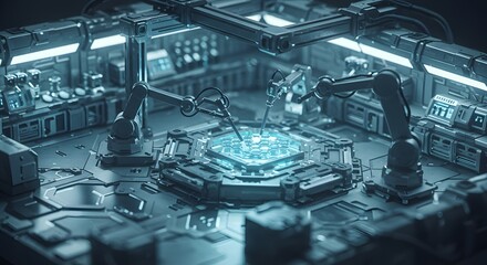Fototapeta premium High tech robotic assembly line for microchips and computer processors futuristic factory setting