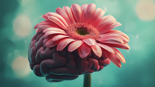 Pink gerbera daisy blooming on a human brain: conceptual image of mental wellness. Thought Bloom. Illustration