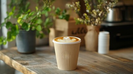 Floral Latte Art in a Disposable Cup on Wooden Table