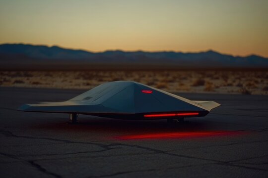 Futuristic flying car on a desert runway at sunset, sleek design, red lights. - Powered by Adobe