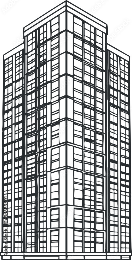 Poster black and white line drawing of a modern highrise building with multiple windows and architectural d