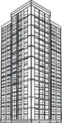 Black and white line drawing of a modern highrise building with multiple windows and architectural details