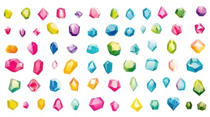 Colorful cartoon gems, various shapes, white background, game asset